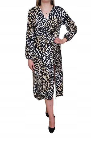 Sukienka Midi Z Wycięciem na Nogę Zwierzęcy Wzór Z Paskiem Długi Rękaw zdjęcie 1