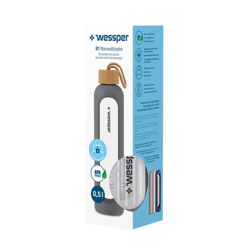 Wessper B1 Borosilicate 500 ml Szklana butelka na wodę z miarką motywacyjną z szarym etui na Arena.pl