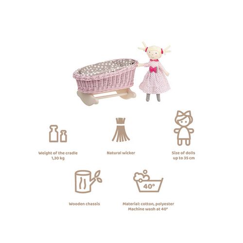 BUJANE różowe ŁÓŻECZKO KOŁYSKA Z WIKLINY DLA LALEK Z POŚCIELĄ 46X28 H 20/25 CM na Arena.pl