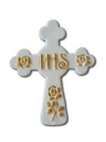 Ozdoba cukrowa na tort Komunia Chrzest Krzyż Krzyżyk biało-złoty