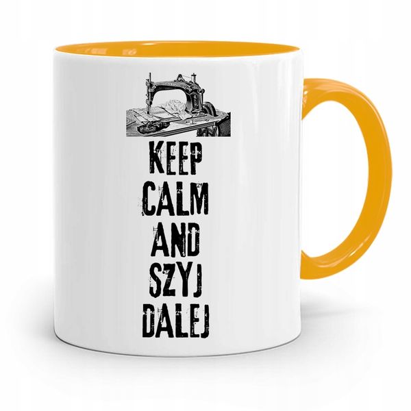 Kubek Żółty Dla Krawcowej Keep Calm Nad Szyj Dalej Z Nadrukiem Ze Zdjęciem zdjęcie 1