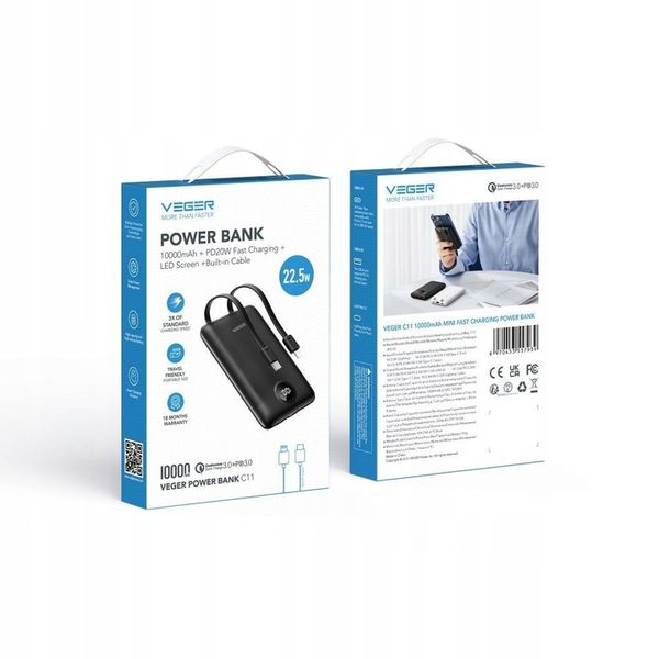 Powerbank VEGER C11 10000 mAh wbudowane kable Lightning USB C mały lekki zdjęcie 3