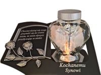 SYN SYNOWI SOLARNY ZNICZ LAMPION NA GRÓB SERCE SZKŁO SREBRO SKOS SENTENCJA