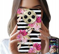 ETUI DO XIAOMI REDMI 14C 4G - KWIATKI W CZARNO - BIAŁE PASKI WZORY