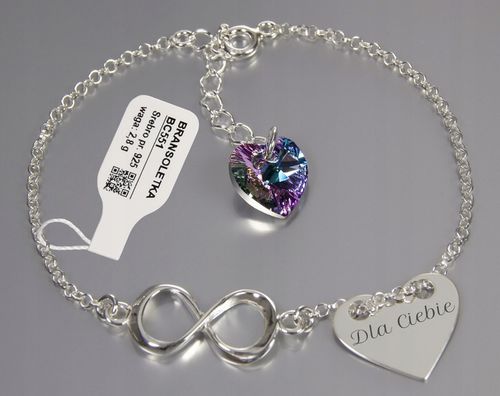 Bransoletka srebrna z kr. Swarovski Infinity Serce GRAWER Srebro próby 925 na Arena.pl