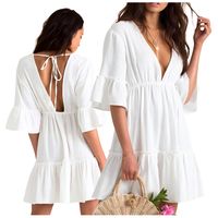 sukienka na lato biała rękaw 3/4 pareo plaża przewiewna mini boho falbanka