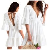 sukienka na lato biała rękaw 3/4 pareo plaża przewiewna mini boho falbanka