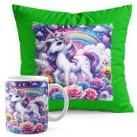 ZESTAW KUBEK + PODUSZKA ZIELONA - JEDNOROŻEC UNICORN KOŃ