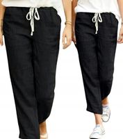 Spodnie Lniane Damskie CZARNE Gumka w Pasie Prosta Nogawka L/XL