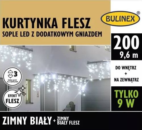 Kurtyna flesz 200LED 9,6m biały zimny zewnętrzna na Arena.pl