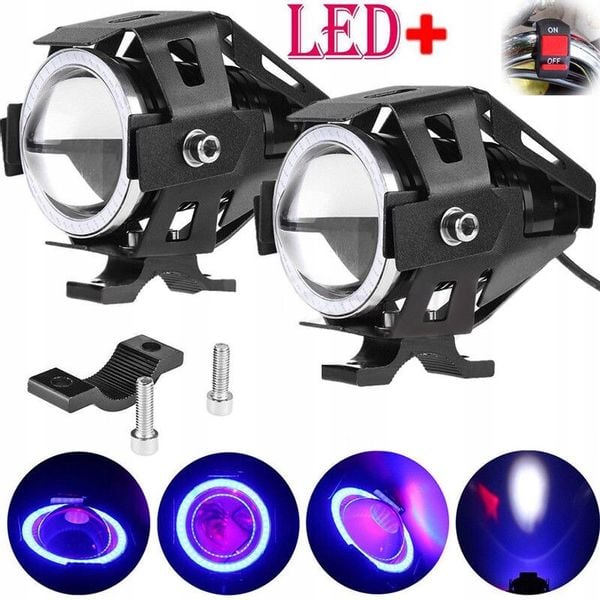 2Xhalogen Motocyklowy U7 +Ring Blue+Włącznik Czarn zdjęcie 1