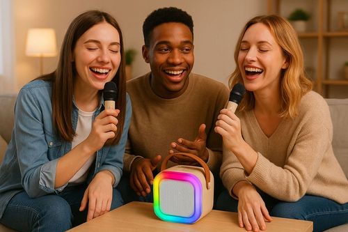 GŁOŚNIK BLUETOOTH PRZENOŚNY KARAOKE RGB 2 MIKROFONY MINI JACK USB SD na Arena.pl