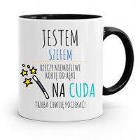 Kubek Czarny Prezent Szefa Na Cuda Trzeba Poczekać Z Nadrukiem Ze Zdjęciem