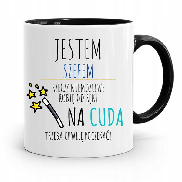 Kubek Czarny Prezent Szefa Na Cuda Trzeba Poczekać Z Nadrukiem Ze Zdjęciem zdjęcie 1