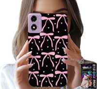 ETUI DO MOTOROLA MOTO E14 - CZARNO RÓŻOWE WSTĄŻKI KOKARDKI WSTĄŻKA