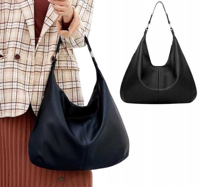 Damska Torebka Skórzana Czarna Worek Pojemna A4 zdjęcie 3