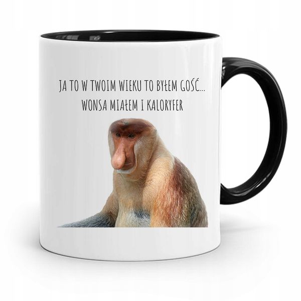 Kubek Czarny Śmieszny Nosacz Janusz W Twoim Wieku Z Nadrukiem Ze Zdjęciem zdjęcie 1