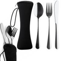 Sztućce turystyczne nóż widelec łyżka stalowe w etui zestaw 4w1 czarny