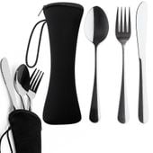 Sztućce turystyczne nóż widelec łyżka stalowe w etui zestaw 4w1 czarny