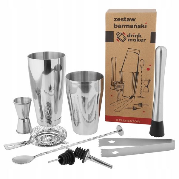 Zestaw barmański do drinków 8 el. Shaker Tin-Tin Strainer Muddler Jigger zdjęcie 1