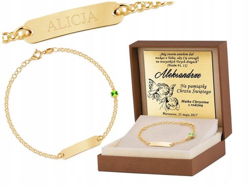 Bransoletka Srebrna 925 Złocona z Grawerem Koniczynka Prezent na Chrzest na Arena.pl