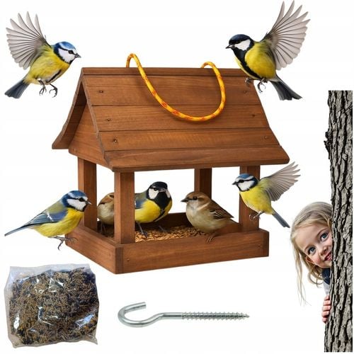 Karmnik dla ptaków + ziarno pokarm duży drewniany budka solidny XXL na Arena.pl