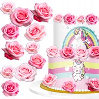 Waflowe Różowe KWIATKI RÓŻE na tort - OZDOBA DEKORACJA Jadalna - 32 szt.