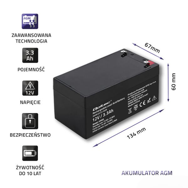 Qoltec Akumulator AGM | 12V | 3.3Ah | max. 49.5A zdjęcie 4