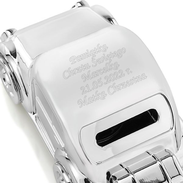 Skarbonka posrebrzana auto z grawerem prezent na chrzest dla chłopca zdjęcie 4