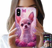 ETUI DO IPHONE X / XS - SŁODKA CHIHUAHUA NA RÓŻOWYM TLE KWIATAMI