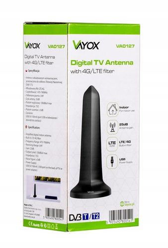 ANTENA POKOJOWA DVB-T2 DO TV NAZIEMNEJ DOOKÓLNA AKTYWNA MAGNES USB 4K VAYOX na Arena.pl
