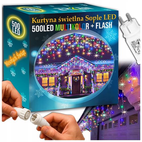 SOPLE 500 LED LAMPKI MULTIKOLOR + FLASH 23m GIRLANDA Świąteczna Kurtyna na Arena.pl