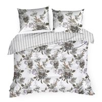 Pościel 220x200 + 70x80 Spring biało‑szara kwiatowa satyna