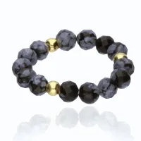 PIERŚCIONEK NA GUMCE KAMIEŃ NATURALNY OBSYDIAN ŚNIEŻNY STRES NIEPOKÓJ