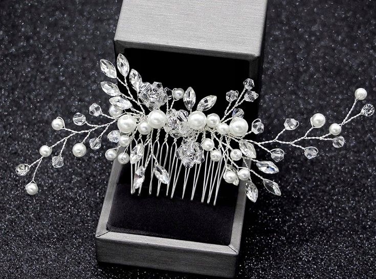 Do Włosów Srebrny Grzebyk Ozdoba Perełki Kryształy zdjęcie 8