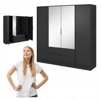 SZAFA GARDEROBA LUSTRO LIVIA 4DL OTWIERANA CZARNA DUŻA SZUFLADY drążek