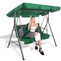 Huśtawka ogrodowa z daszkiem, 3-osobowa metalowa z materacem i poduszkami zielona