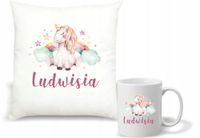Zestaw prezentowy PODUSZKA + KUBEK nadruk z jednorożcem Z IMIENIEM PREZENT