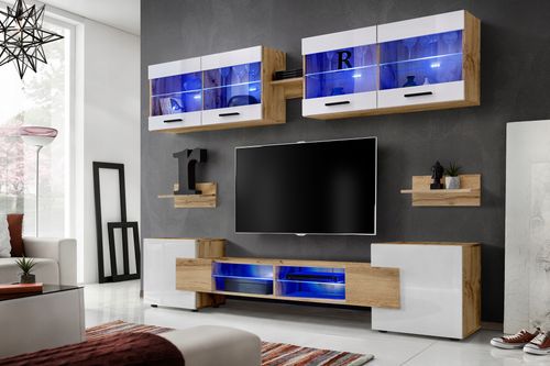 Pan Igiełka - Meblościanka do Salonu LED RGB Dąb Wotan Biały, Zestaw Mebli na Arena.pl