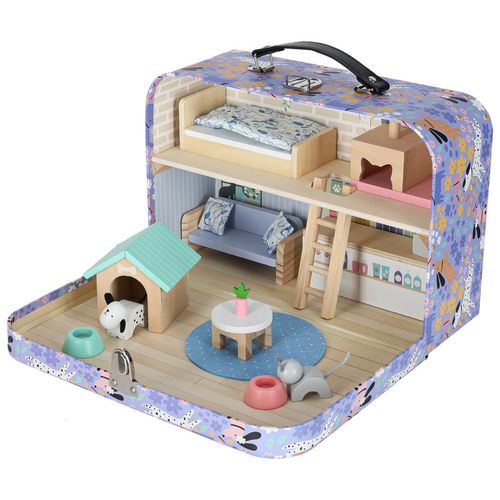 Drewniany Domek dla Lalek w Walizce Figurki Mebelki Piesek Kotek Zestaw na Arena.pl