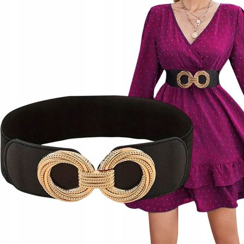 PASEK DAMSKI CZARNA GUMA ELASTYCZNY 90-110 cm ZŁOTA KLAMRA ELEGANCKI na Arena.pl