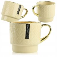 CERAMICZNY KUBEK NA KAWĘ HERBATĘ BEŻOWY ZDOBIONY ZE ZŁOTYM UCHEM 340ML