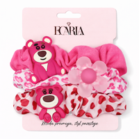 zestaw frotek gumek 3w1 na plakietce, różowe misie, kwiat gum190