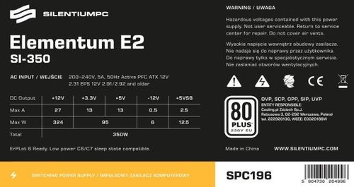 SilentiumPC Elementum E2 SI 350W (80+ EU, 1xPEG, 120mm) na Arena.pl
