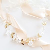 Wianek złoty z listkami na głowę PERŁY gałązka ozdobna fryzura