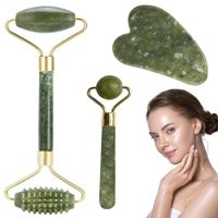 Masażer do twarzy z jadeitu zestaw roller wałek — Zielony