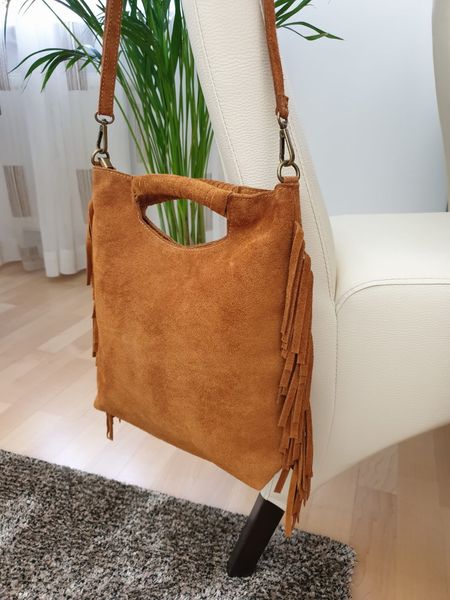 VERA PELLE torebka zamszowa listonoszka boho z frędzlami V406 brązowa zdjęcie 3