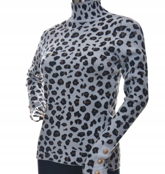 Damski sweter półgolf panterka cętki biały guziki zdjęcie 1