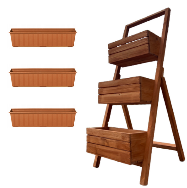 Kwietnik kaskadowy stojak potrójny z drewna na kwiaty TEAK + 3 Wkłady zdjęcie 1