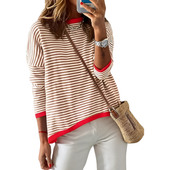 Bluzka damska w paski bawełniana longsleeve biało-brązowa bawełna rozm S